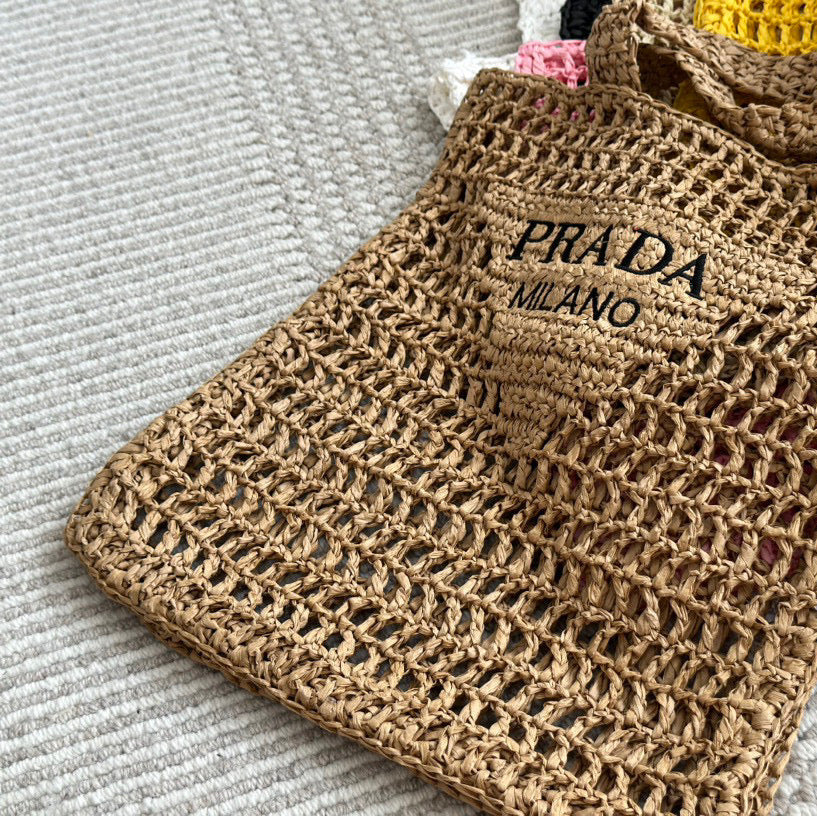 BLACK EMBROIDED LOGO TOTE BAG 40IN BROWN WOVEN RAFFIA