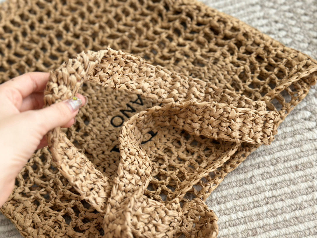 BLACK EMBROIDED LOGO TOTE BAG 40IN BROWN WOVEN RAFFIA