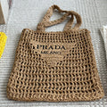 BLACK EMBROIDED LOGO TOTE BAG 40IN BROWN WOVEN RAFFIA
