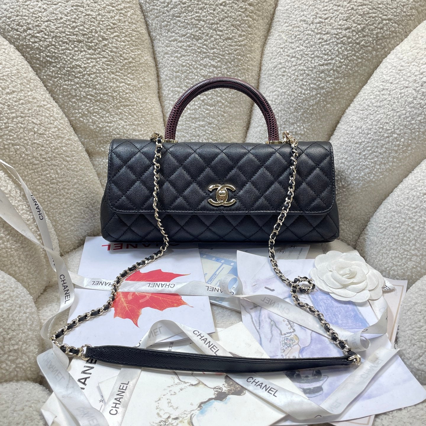 CHANEL 26S COCO HANDLE BAG 32 IN BLACK AND BURGUNDY CAVIAR CALFSKIN