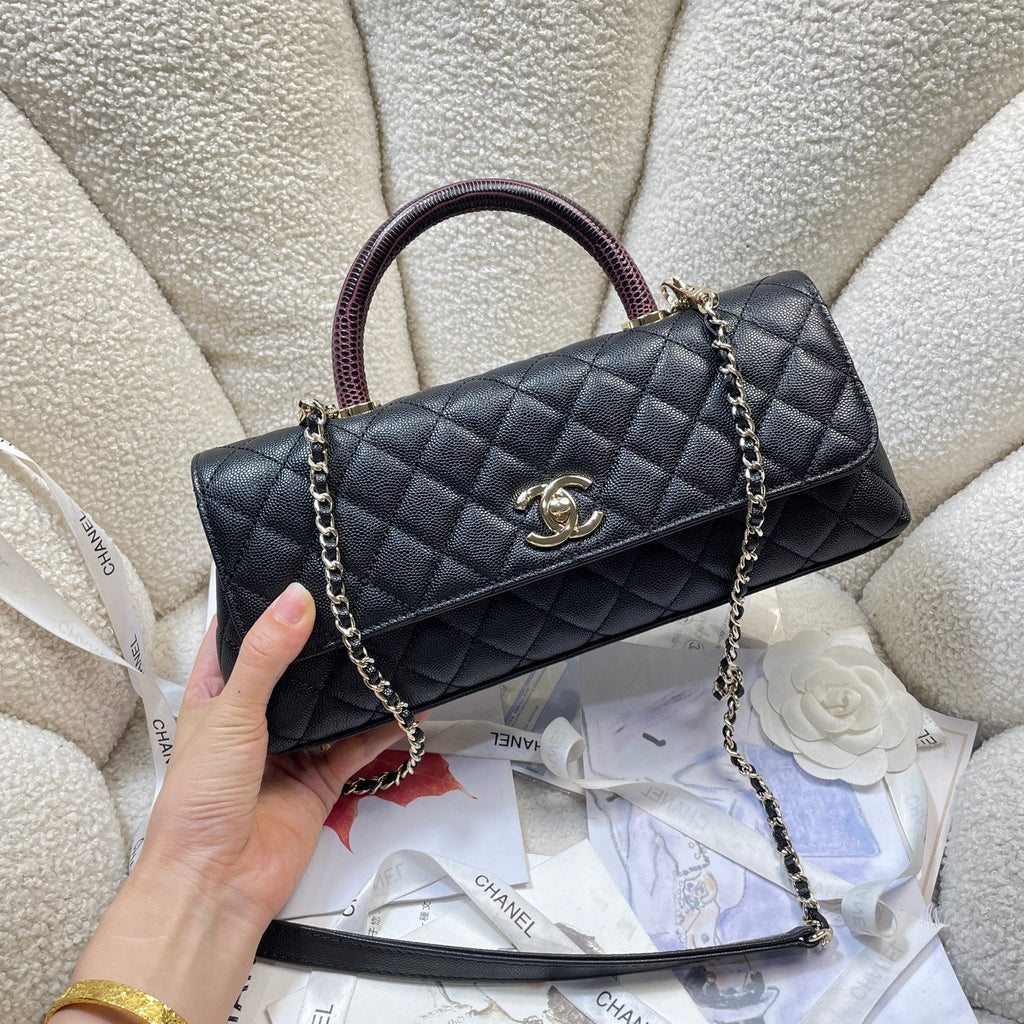 CHANEL 26S COCO HANDLE BAG 32 IN BLACK AND BURGUNDY CAVIAR CALFSKIN
