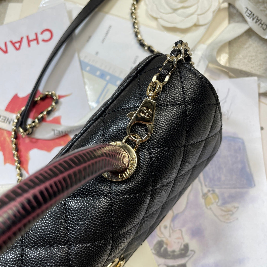 CHANEL 26S COCO HANDLE BAG 32 IN BLACK AND BURGUNDY CAVIAR CALFSKIN