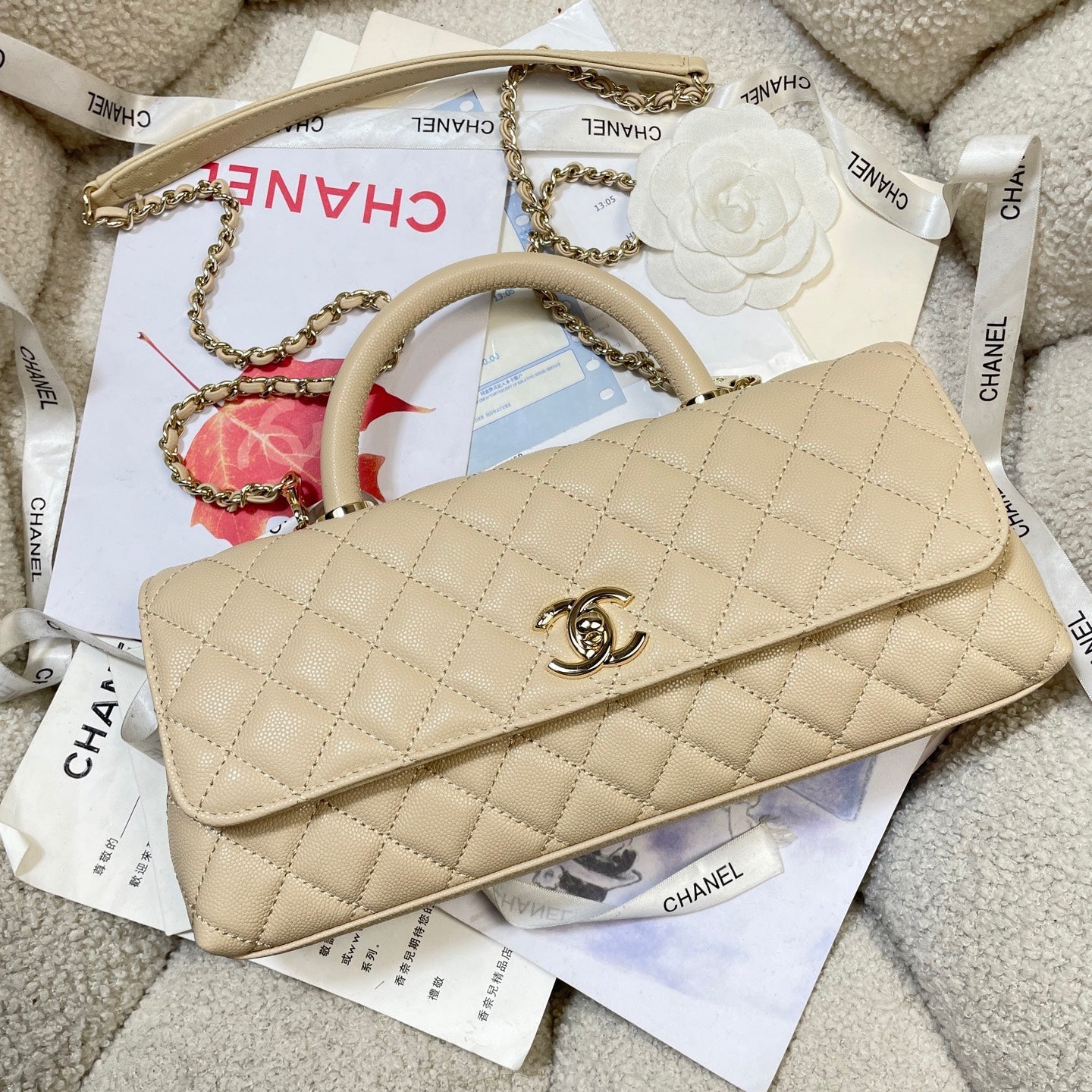 CHANEL 26S COCO HANDLE BAG 32 IN BEIGE CAVIAR CALFSKIN