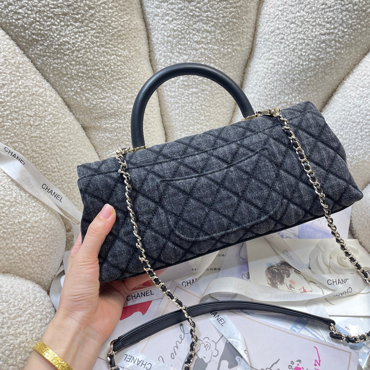 CHANEL 26S COCO HANDLE BAG 32 IN DARK BLUE DENIM GOLD HARDWARE