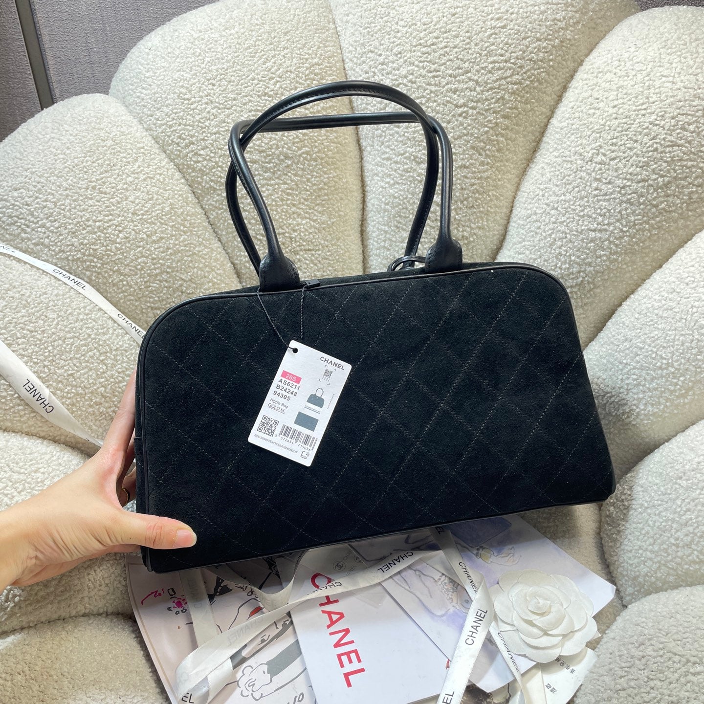 CHANEL 26S TOP HANDLE BAG MEDIUM 35 IN BLACK QUILTED SUEDE AND CALFSKIN GOLD HARDWARE