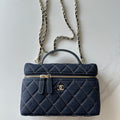 CHANEL 25S VANITY CLASSIC FLAP 17 IN DARK BLUE QUILTED DENIM GOLD HARDWARE