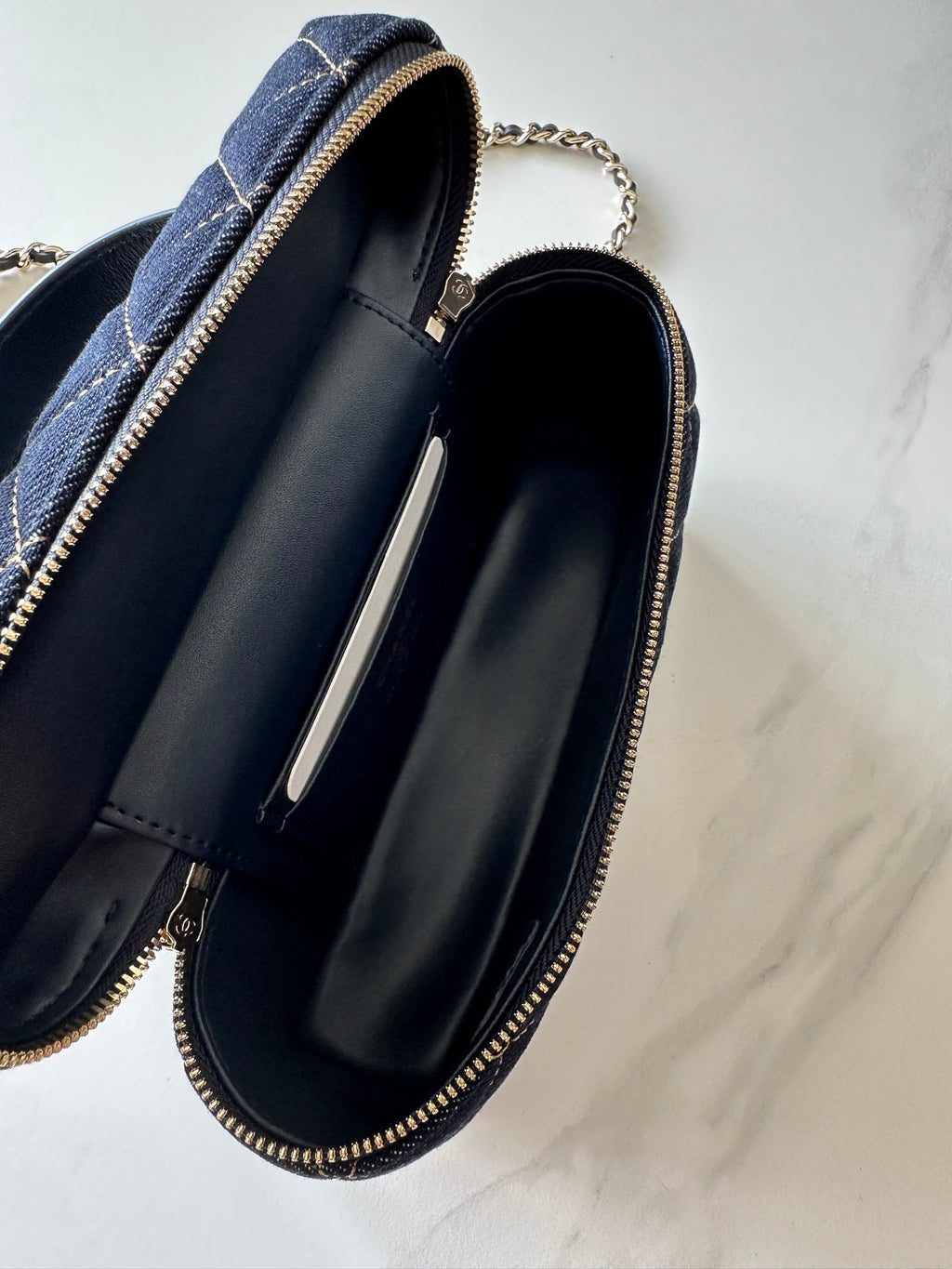 CHANEL 25S VANITY CLASSIC FLAP 17 IN DARK BLUE QUILTED DENIM GOLD HARDWARE