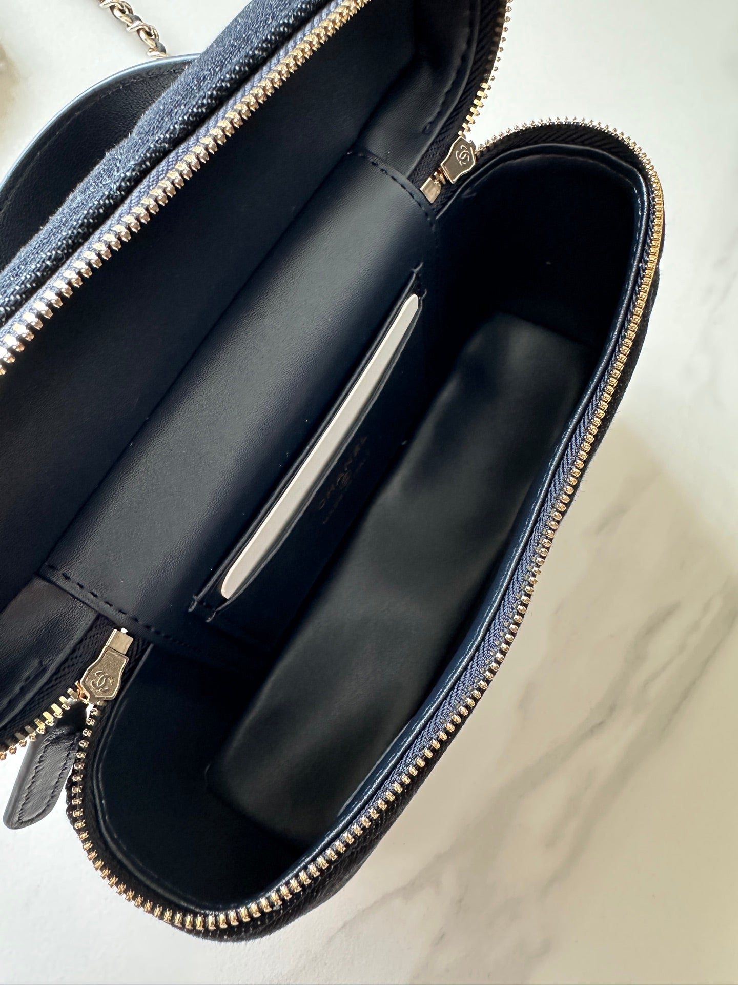 CHANEL 25S VANITY CLASSIC FLAP 17 IN DARK BLUE DENIM GOLD HARDWARE