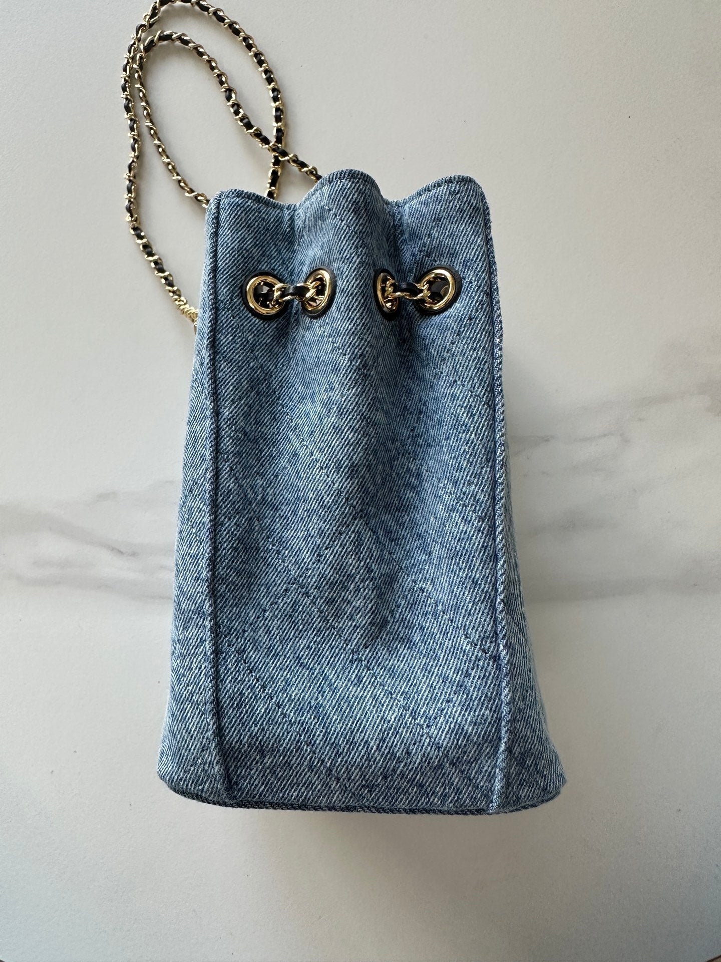 CHANEL 26S MINI BUCKET BAG 18 IN LIGHT BLUE QUILTED DENIM GOLD HARDWARE