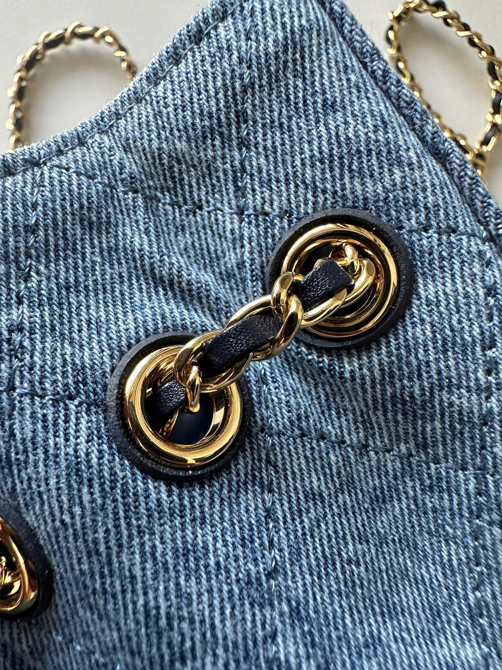 CHANEL 26S MINI BUCKET BAG 18 IN LIGHT BLUE QUILTED DENIM GOLD HARDWARE