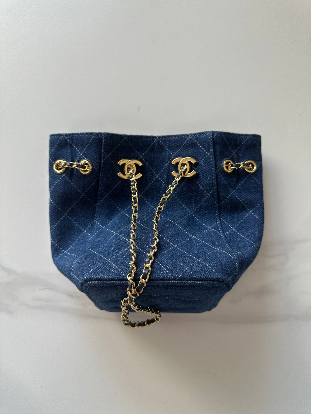 CHANEL 26S MINI BUCKET BAG 18 IN BLUE QUILTED DENIM GOLD HARDWARE