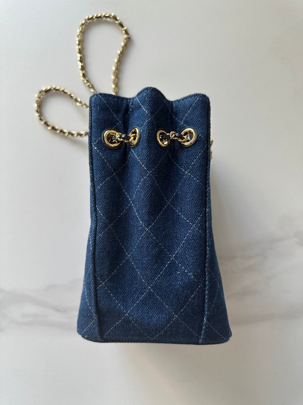 CHANEL 26S MINI BUCKET BAG 18 IN BLUE QUILTED DENIM GOLD HARDWARE