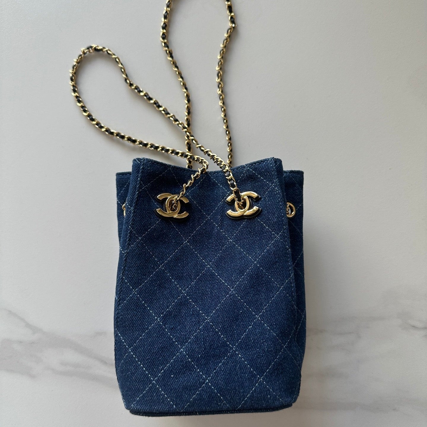 CHANEL 26S MINI BUCKET BAG 18 IN BLUE QUILTED DENIM GOLD HARDWARE