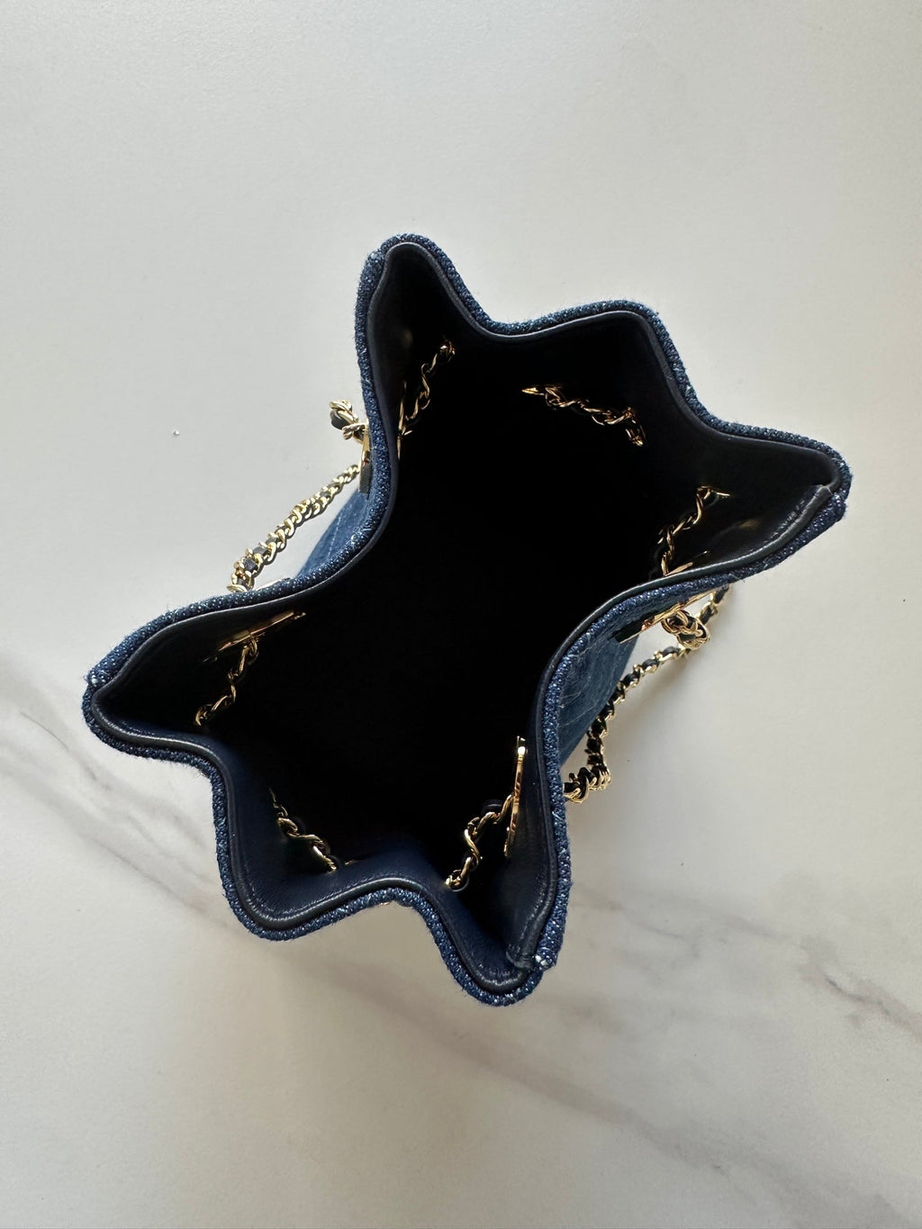 CHANEL 26S MINI BUCKET BAG 18 IN BLUE QUILTED DENIM GOLD HARDWARE