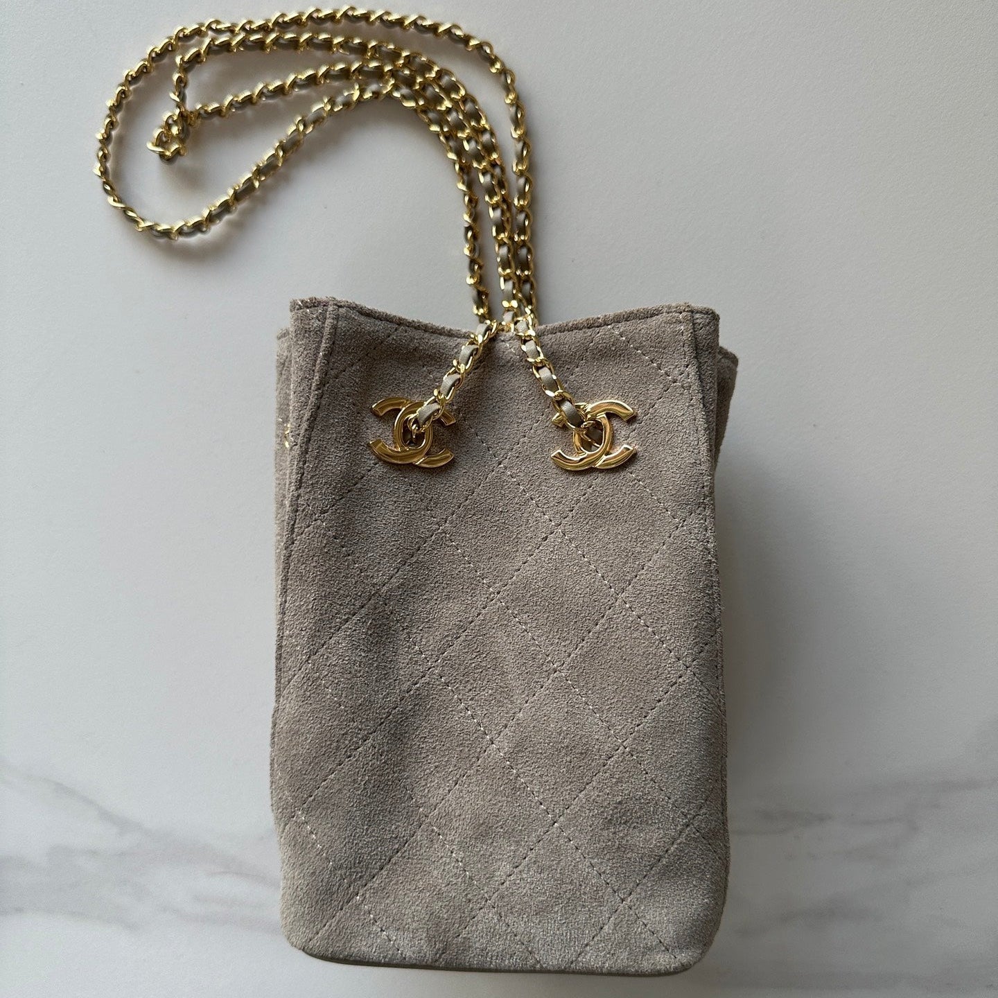 CHANEL 26S MINI BUCKET BAG 18 IN GREY QUILTED SUEDE GOLD HARDWARE