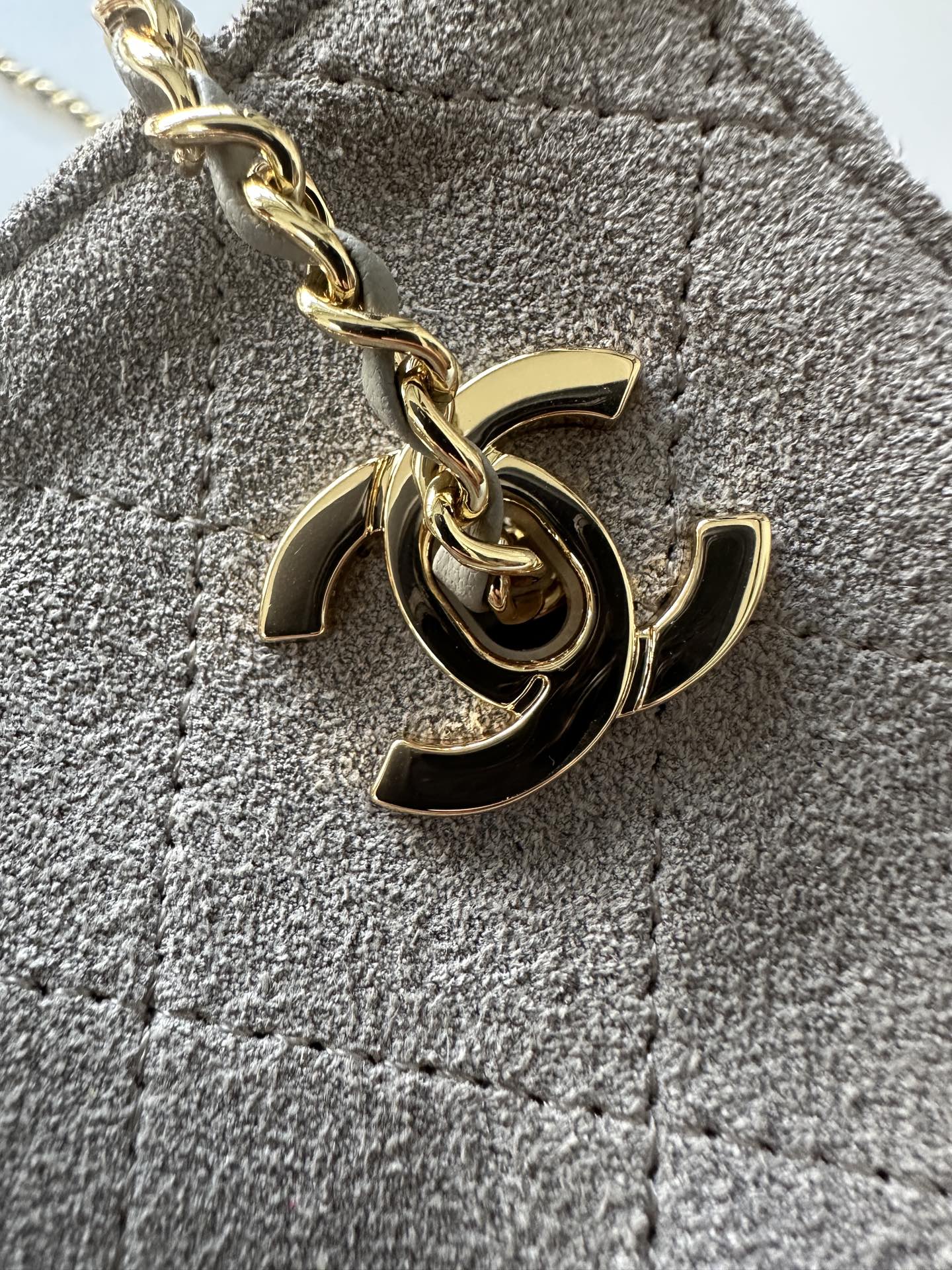 CHANEL 26S MINI BUCKET BAG 18 IN GREY QUILTED SUEDE GOLD HARDWARE