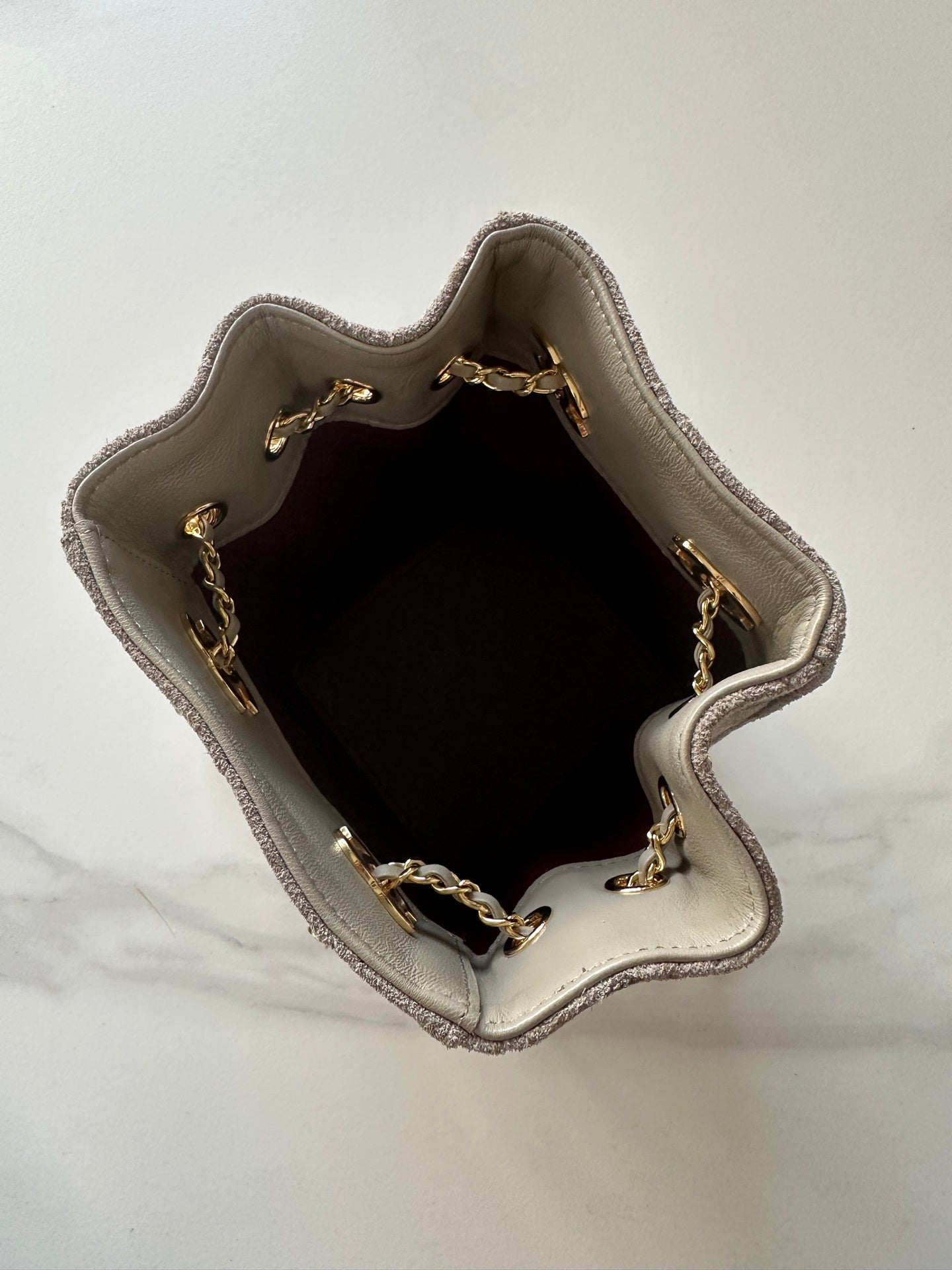 CHANEL 26S MINI BUCKET BAG 18 IN GREY QUILTED SUEDE GOLD HARDWARE