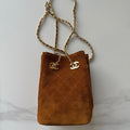 CHANEL 26S MINI BUCKET BAG 18 IN CARAMEL BROWN QUILTED SUEDE GOLD HARDWARE
