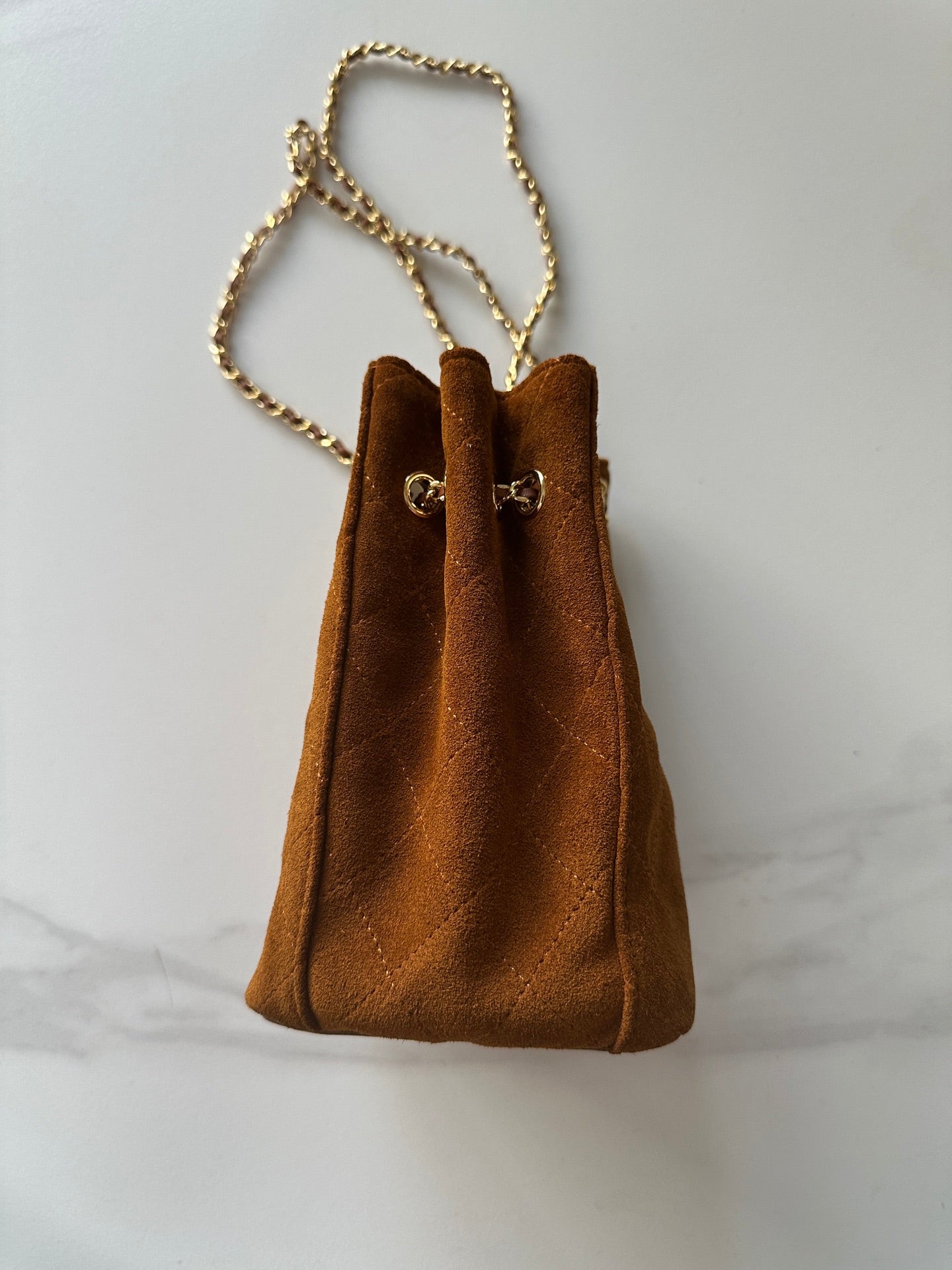 CHANEL 26S MINI BUCKET BAG 18 IN CARAMEL BROWN QUILTED SUEDE GOLD HARDWARE
