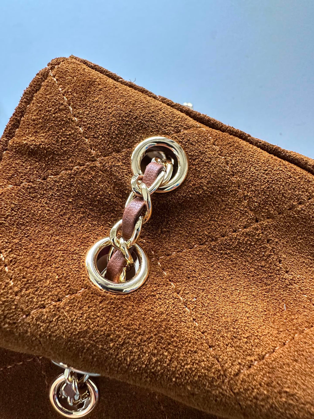 CHANEL 26S MINI BUCKET BAG 18 IN CARAMEL BROWN QUILTED SUEDE GOLD HARDWARE