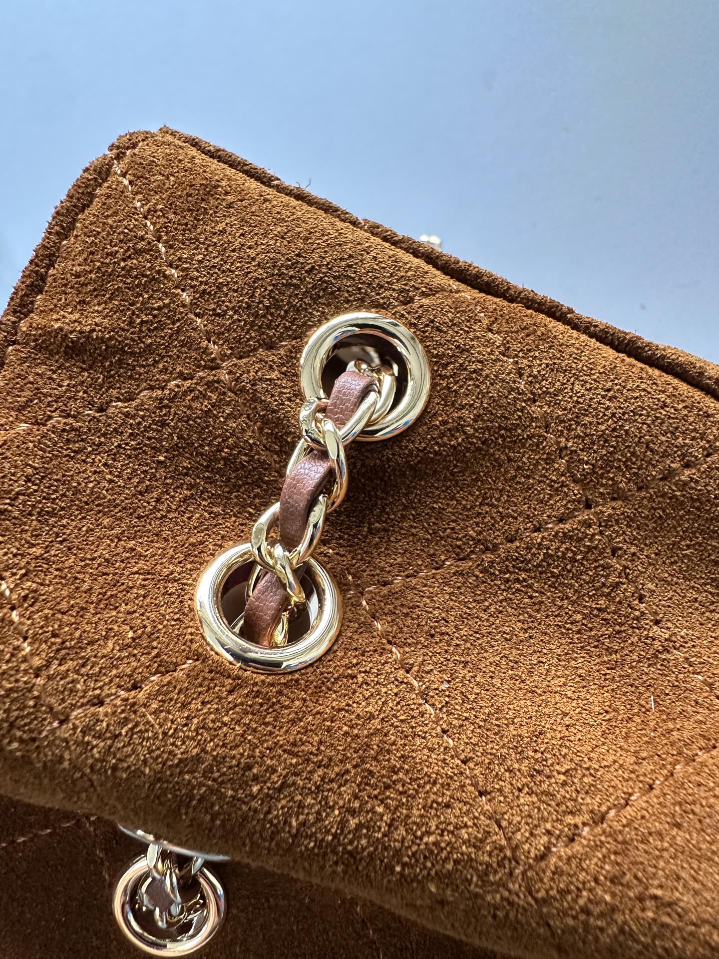 CHANEL 26S MINI BUCKET BAG 18 IN CARAMEL BROWN QUILTED SUEDE GOLD HARDWARE