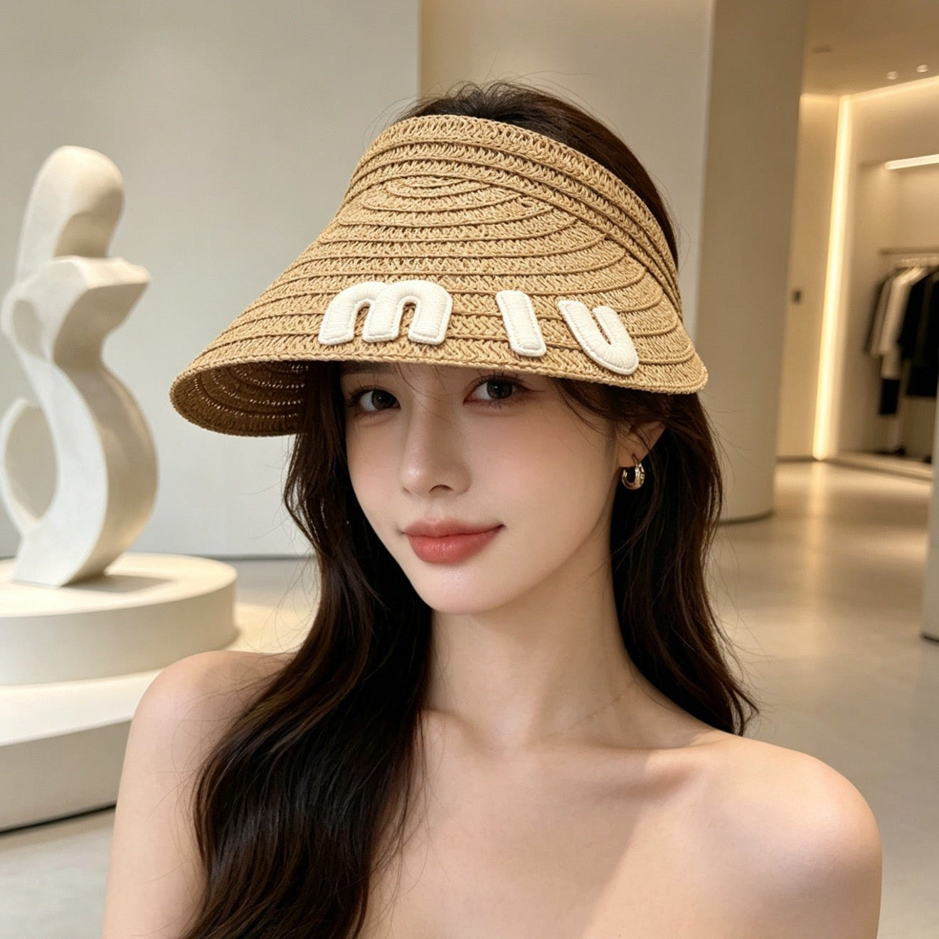 MIUMIU 26S WOVEN VISOR IN BROWN 343706