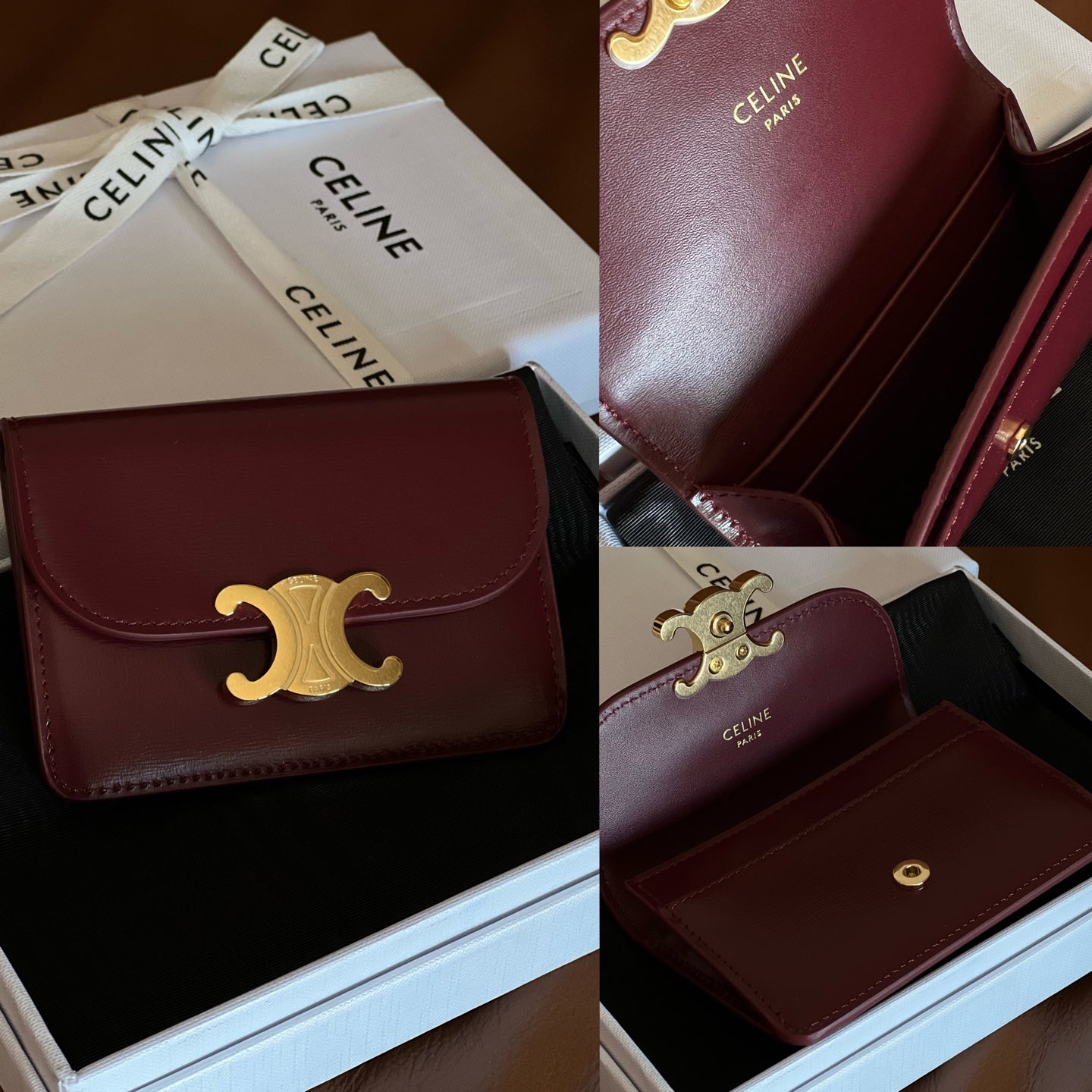 TRIOMPHE WALLET 10 IN BURGUNDY RED CALFSKIN GOLD HARDWARE