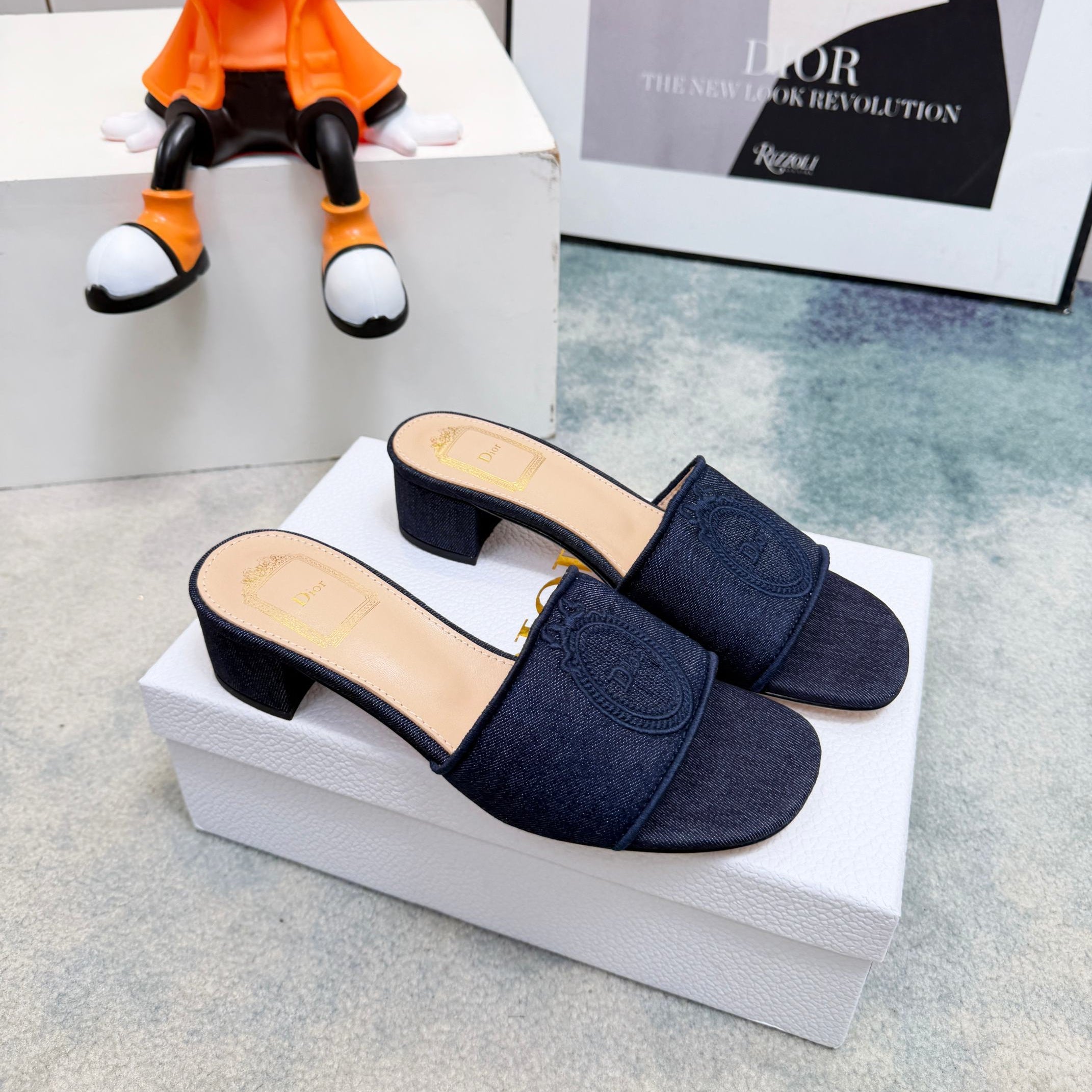 DIOR 26S HIGH-HEEL SANDALS 45 MM IN NAVY BLUE DENIM