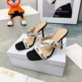 DIOR 26S HEELED SANDAL 95MM IN BLACK AND WHITE WITH J'ADIOR STRAPS CANVAS
