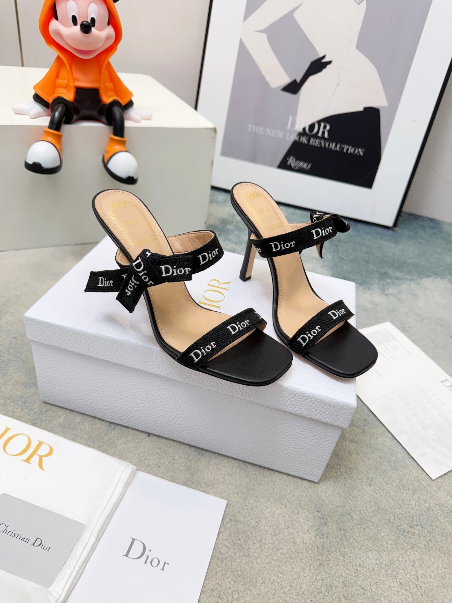 DIOR 26S HEELED SANDAL 95MM IN BLACK CALFSKIN WITH J'ADIOR STRAPS CANVAS