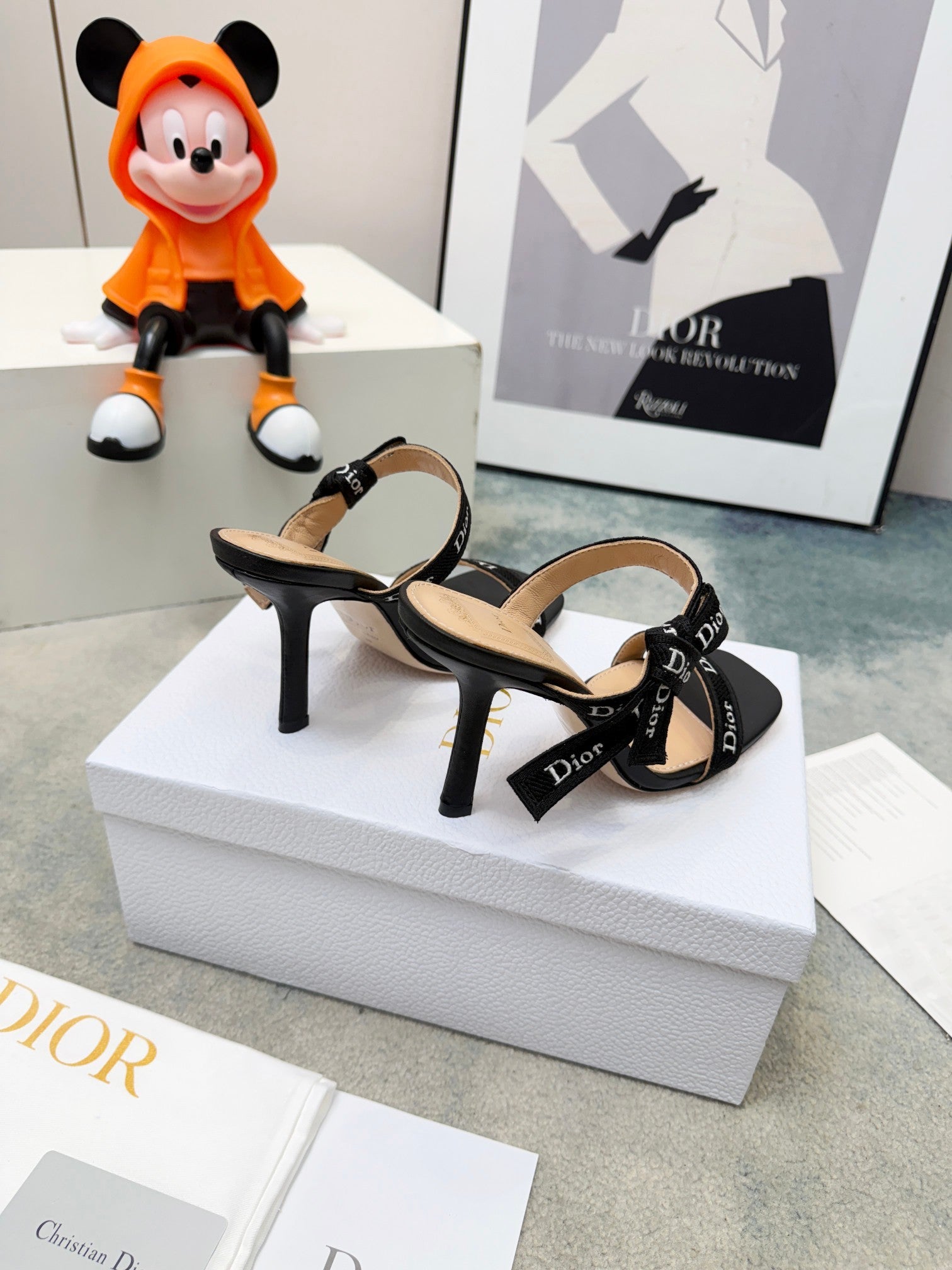 DIOR 26S HEELED SANDAL 95MM IN BLACK CALFSKIN WITH J'ADIOR STRAPS CANVAS