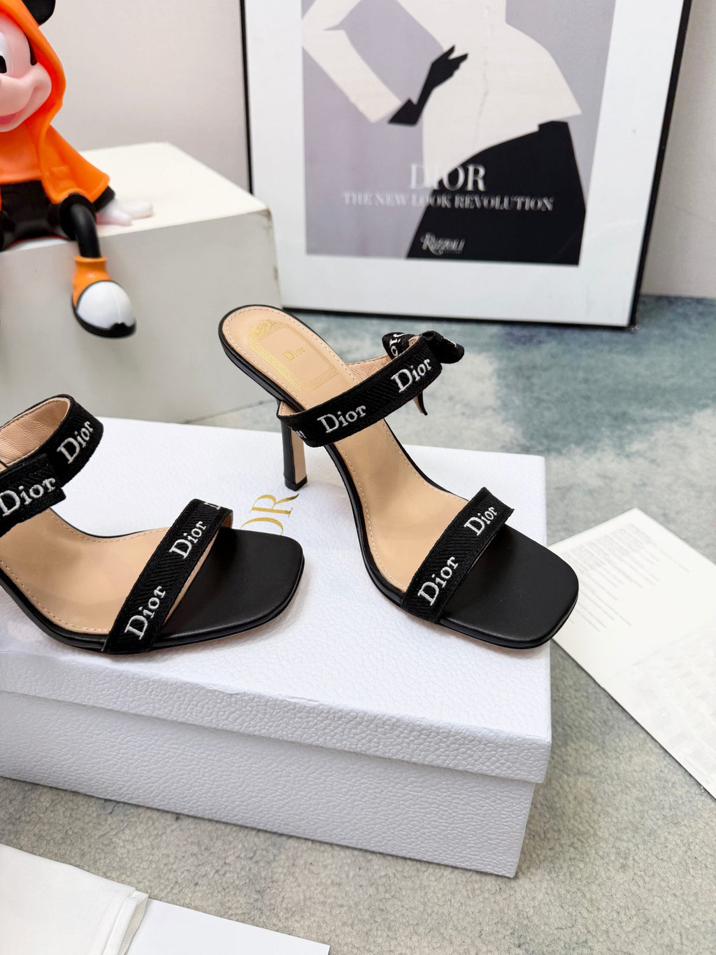 DIOR 26S HEELED SANDAL 95MM IN BLACK CALFSKIN WITH J'ADIOR STRAPS CANVAS