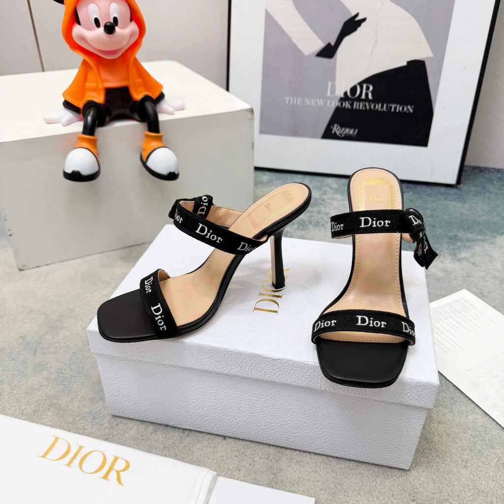 DIOR 26S HEELED SANDAL 95MM IN BLACK CALFSKIN WITH J'ADIOR STRAPS CANVAS