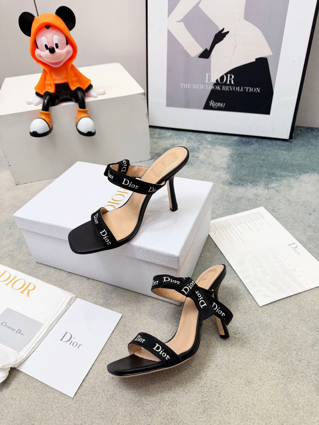 DIOR 26S HEELED SANDAL 95MM IN BLACK CALFSKIN WITH J'ADIOR STRAPS CANVAS
