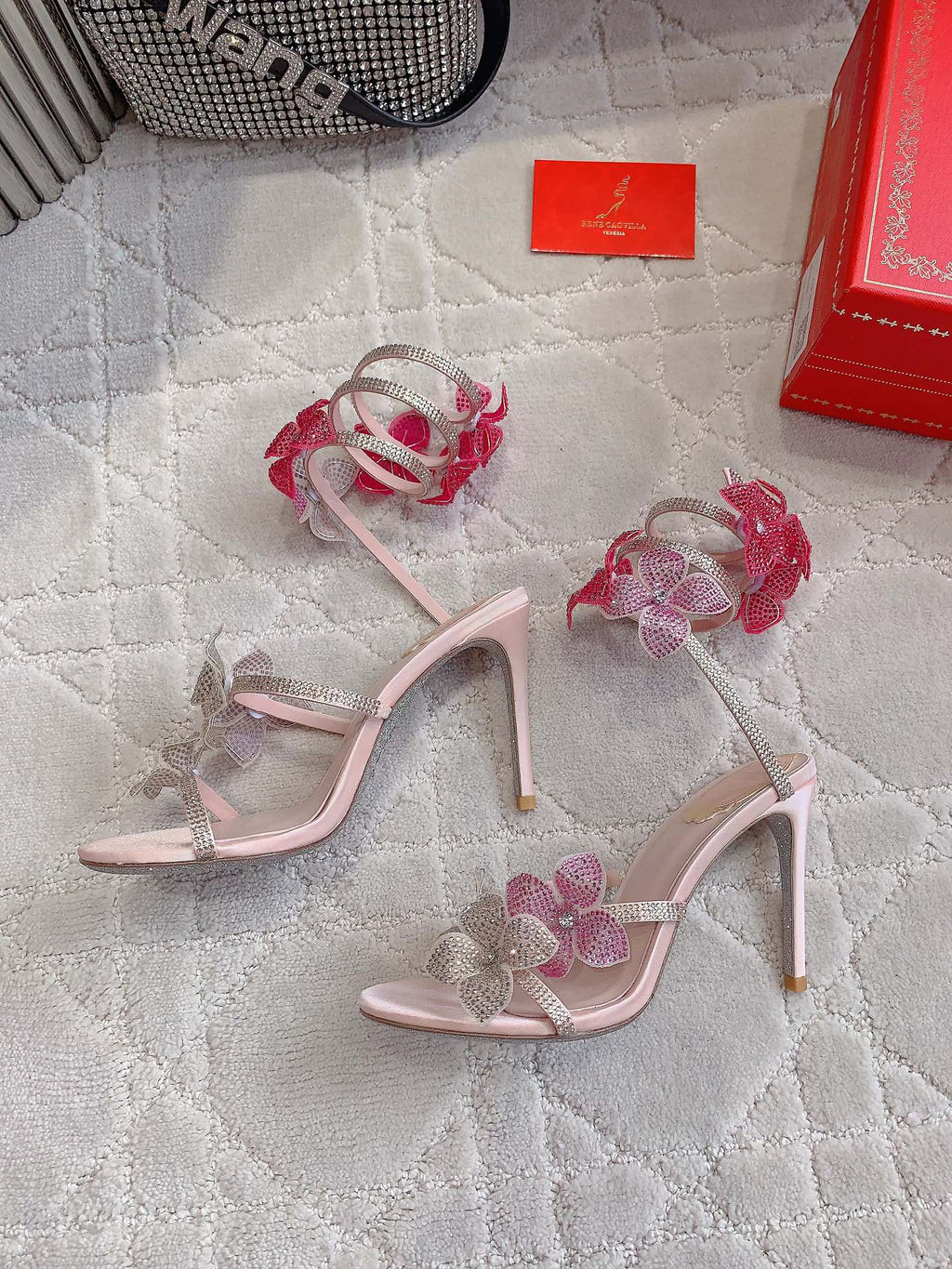 FLORIANE LIGHT PINK SANDAL 95 MM WITH COLORFUL FLOWER