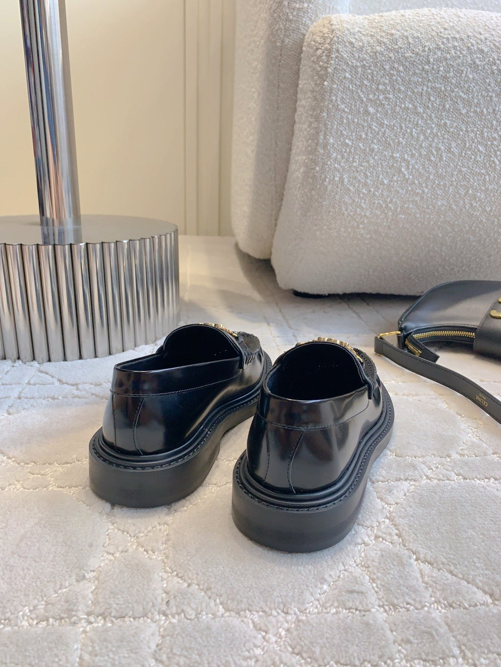 CELINE 25S ARC DE TRIOMPHE LOAFERS IN BLACK SHINY CALFSKIN GOLD HARDWARE