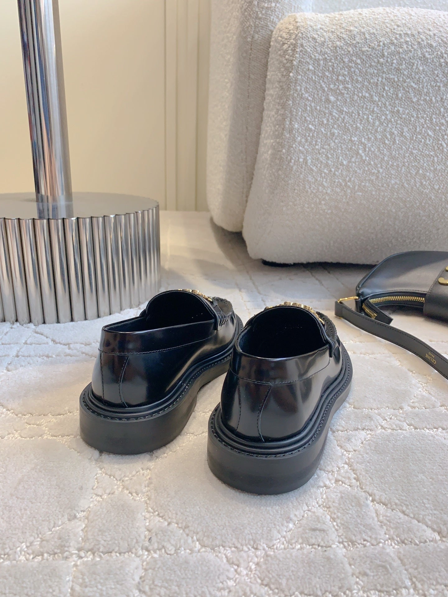 CELINE 25S ARC DE TRIOMPHE LOAFERS IN BLACK SHINY CALFSKIN GOLD HARDWARE