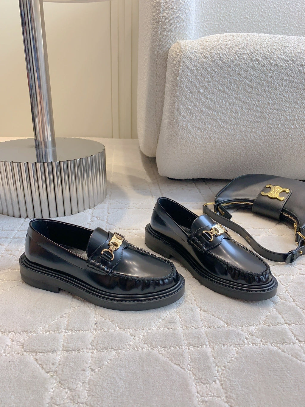CELINE 25S ARC DE TRIOMPHE LOAFERS IN BLACK SHINY CALFSKIN GOLD HARDWARE