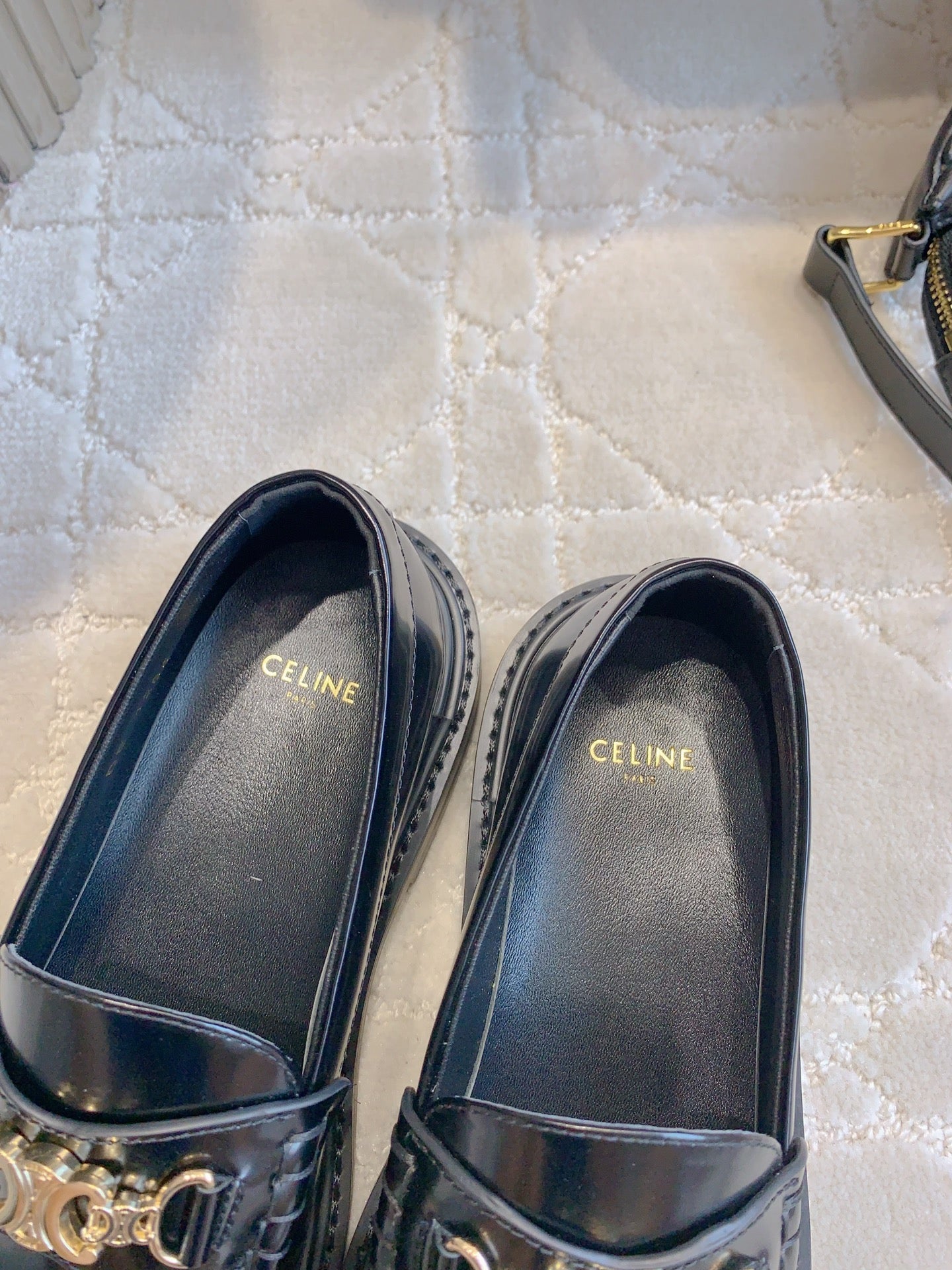 CELINE 25S ARC DE TRIOMPHE LOAFERS IN BLACK SHINY CALFSKIN GOLD HARDWARE