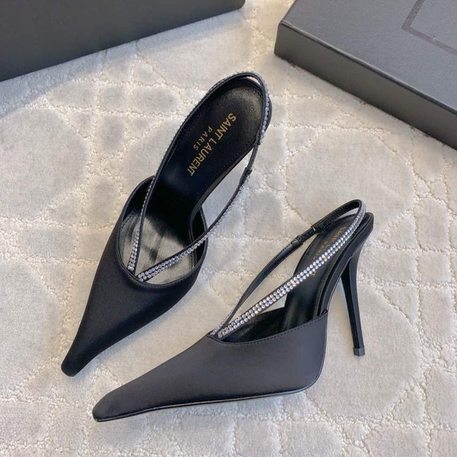 AMANDA SLINGBACK PUMPS IN BLACK SILK WITH RHINESTONES