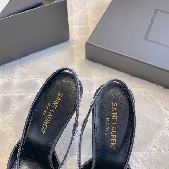 AMANDA SLINGBACK PUMPS IN BLACK SILK WITH RHINESTONES