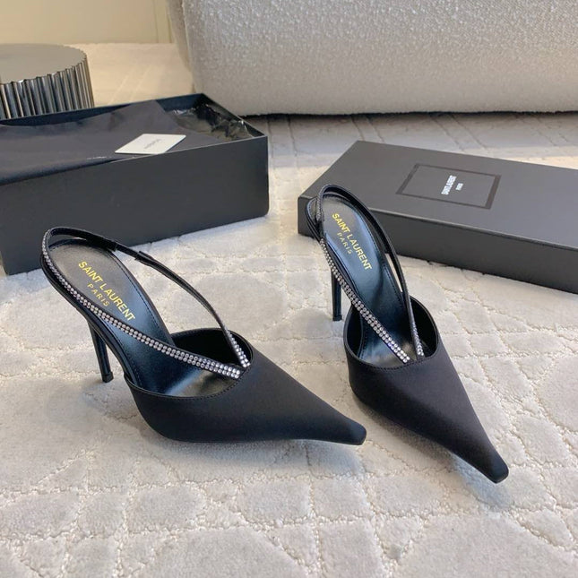 AMANDA SLINGBACK PUMPS IN BLACK SILK WITH RHINESTONES