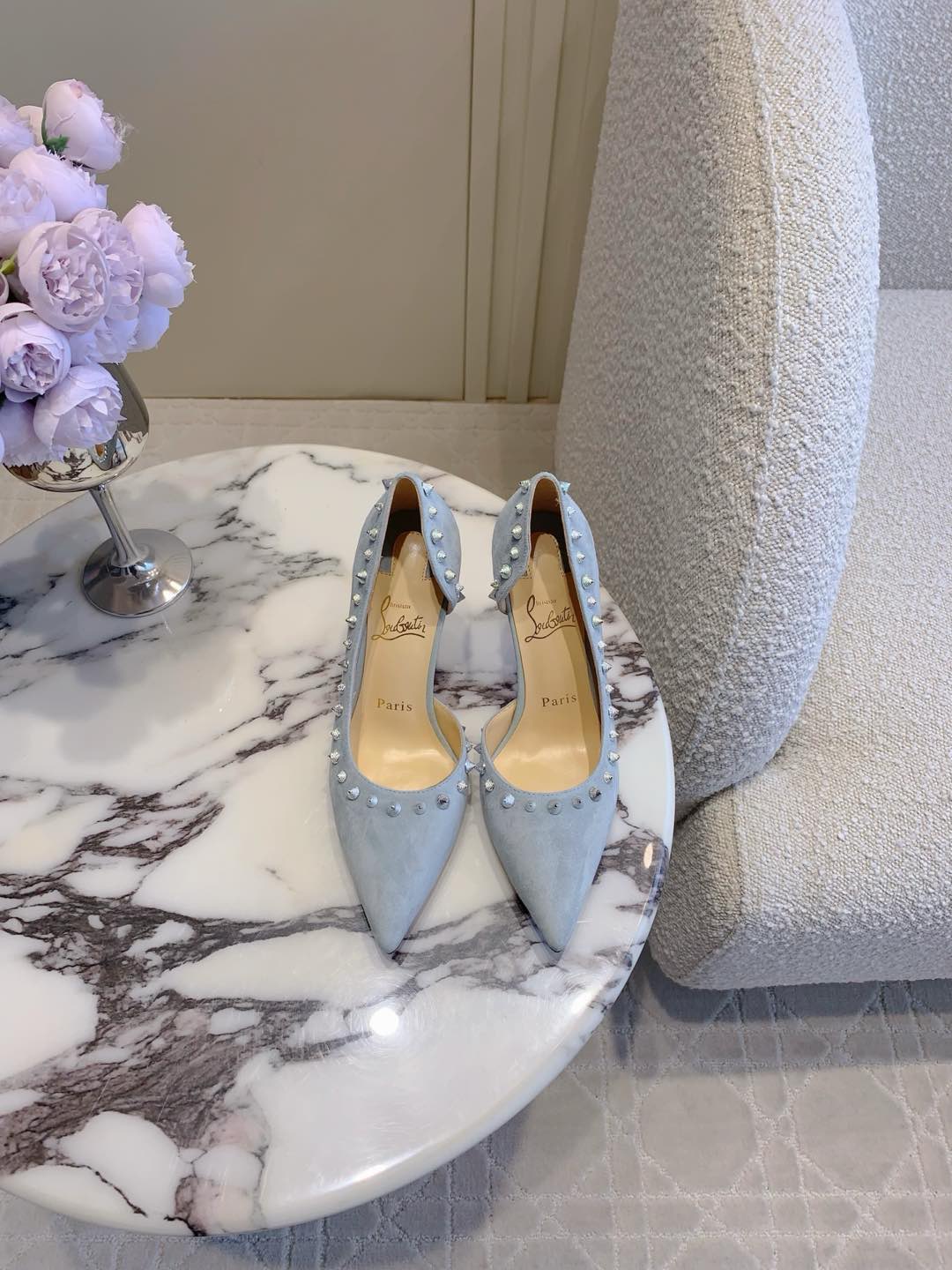 IRIZA PUMPS 85MM IN LIGHT BLUE SUEDE SILVER SPIKES