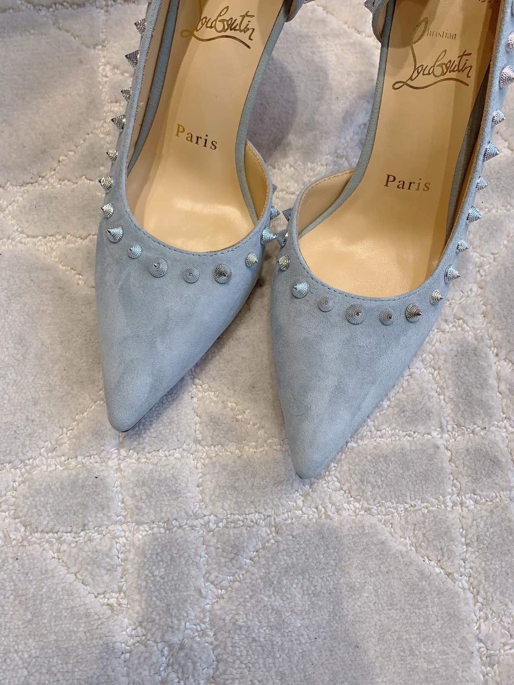 IRIZA PUMPS 85MM IN LIGHT BLUE SUEDE SILVER SPIKES