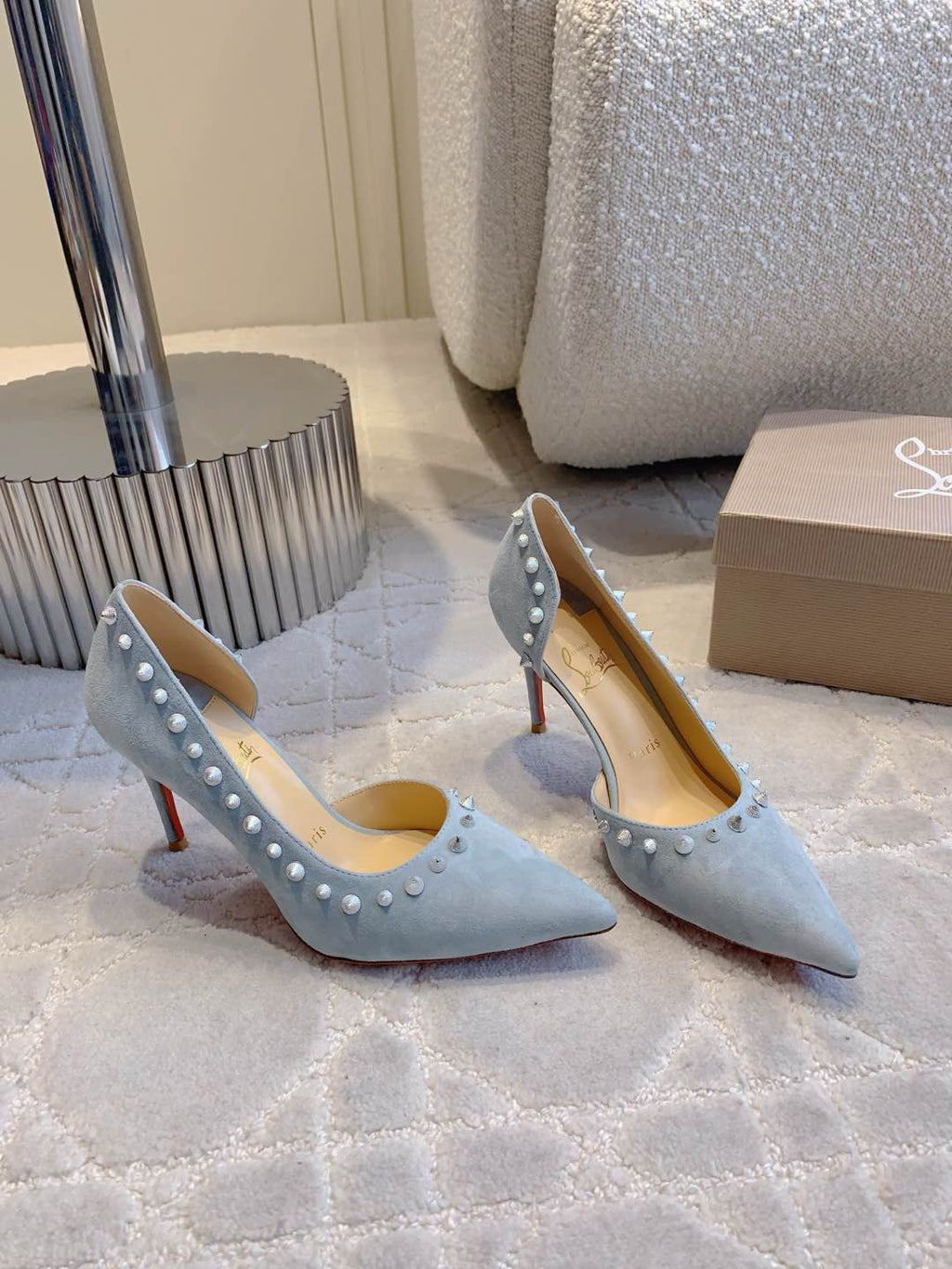 IRIZA PUMPS 85MM IN LIGHT BLUE SUEDE SILVER SPIKES