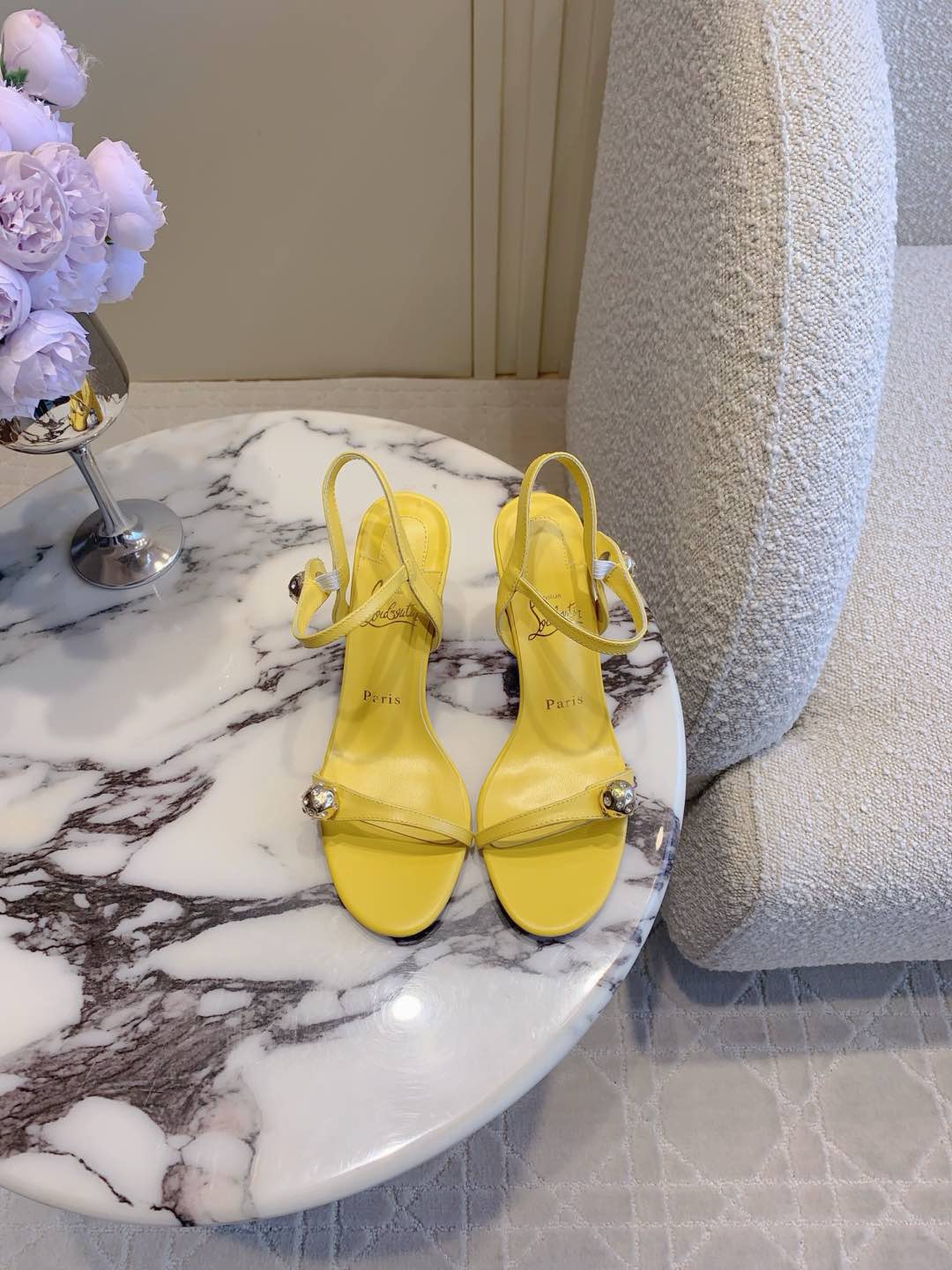 MISS JANE SANDAL 90MM IN YELLOW CALFSKIN EMBELLISHED BALL