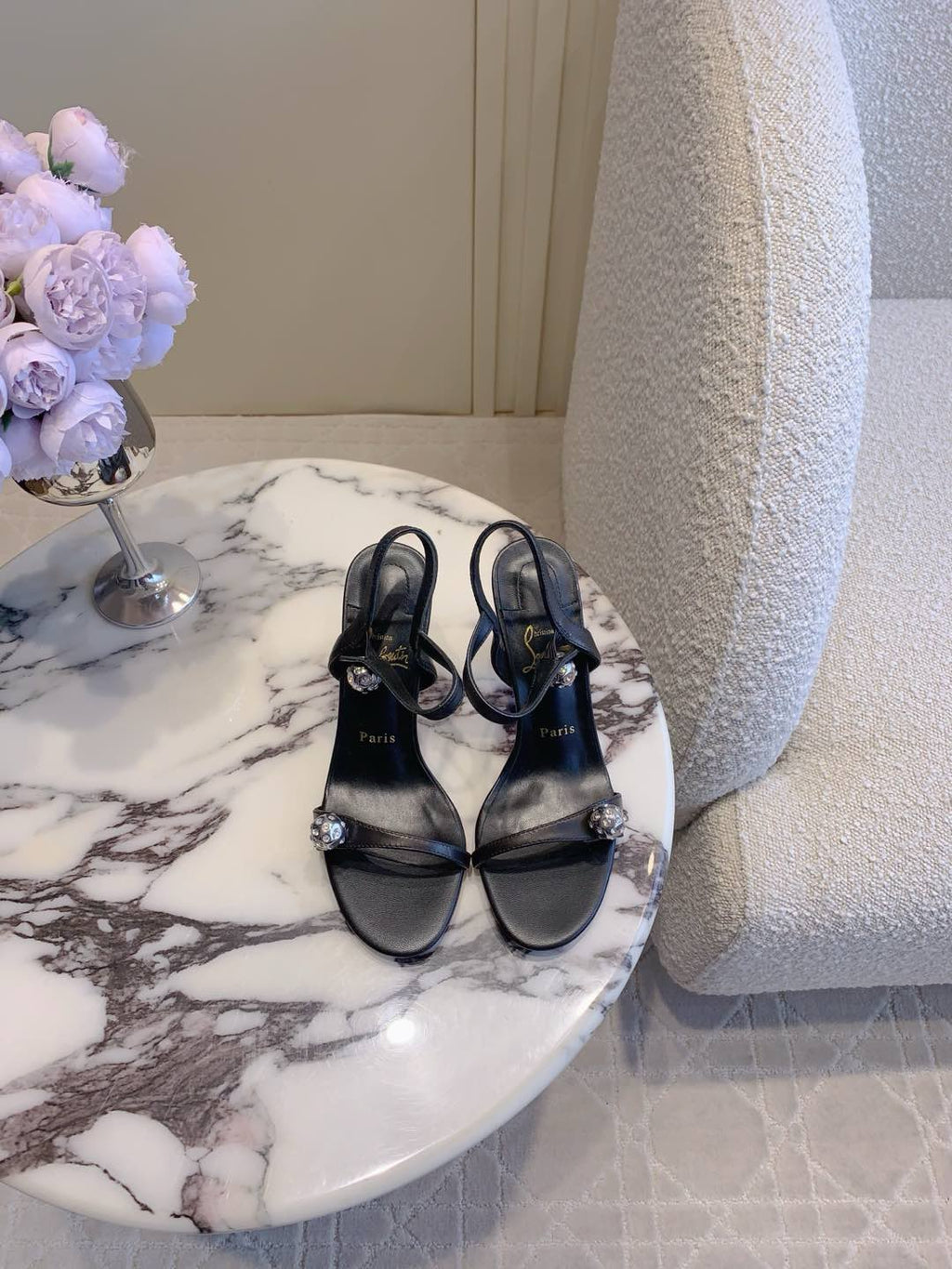 MISS JANE SANDAL 90MM IN BLACK CALFSKIN EMBELLISHED BALL