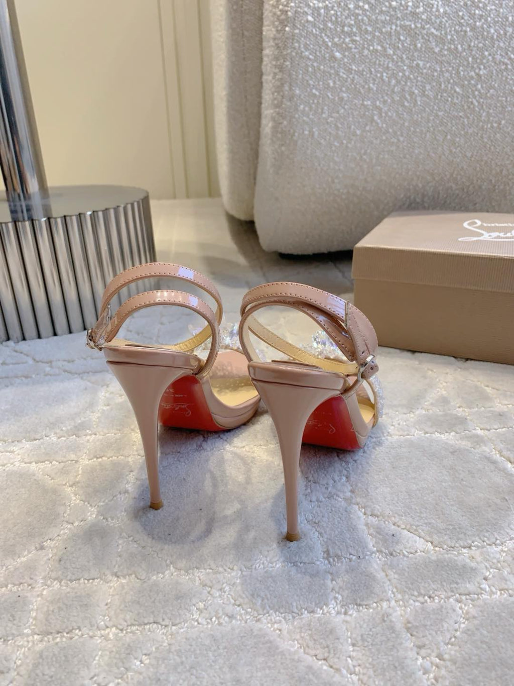 CRYSTAL QUEEN SANDAL 100MM IN NUDE CALFSKIN EMBELLISHED