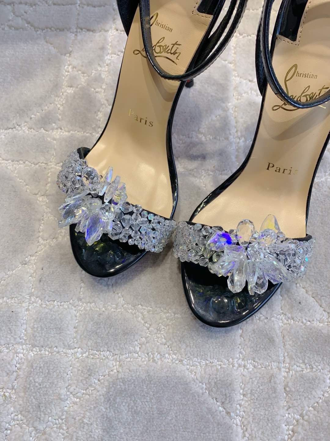 CRYSTAL QUEEN SANDAL 100MM IN BLACK CALFSKIN EMBELLISHED CRYTAL