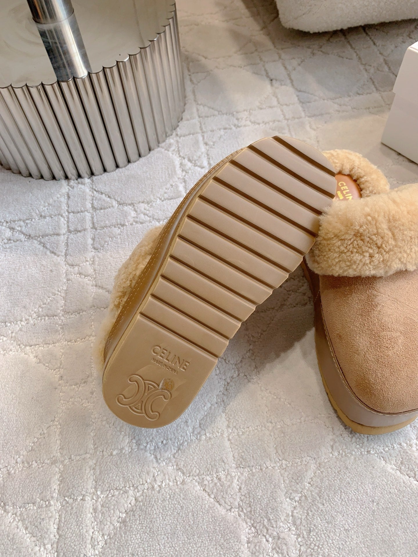 CELINE 25S DANA WEDGE MULE 70MM IN LIGHT BROWN SUEDE CALFSKIN AND SHEARLING